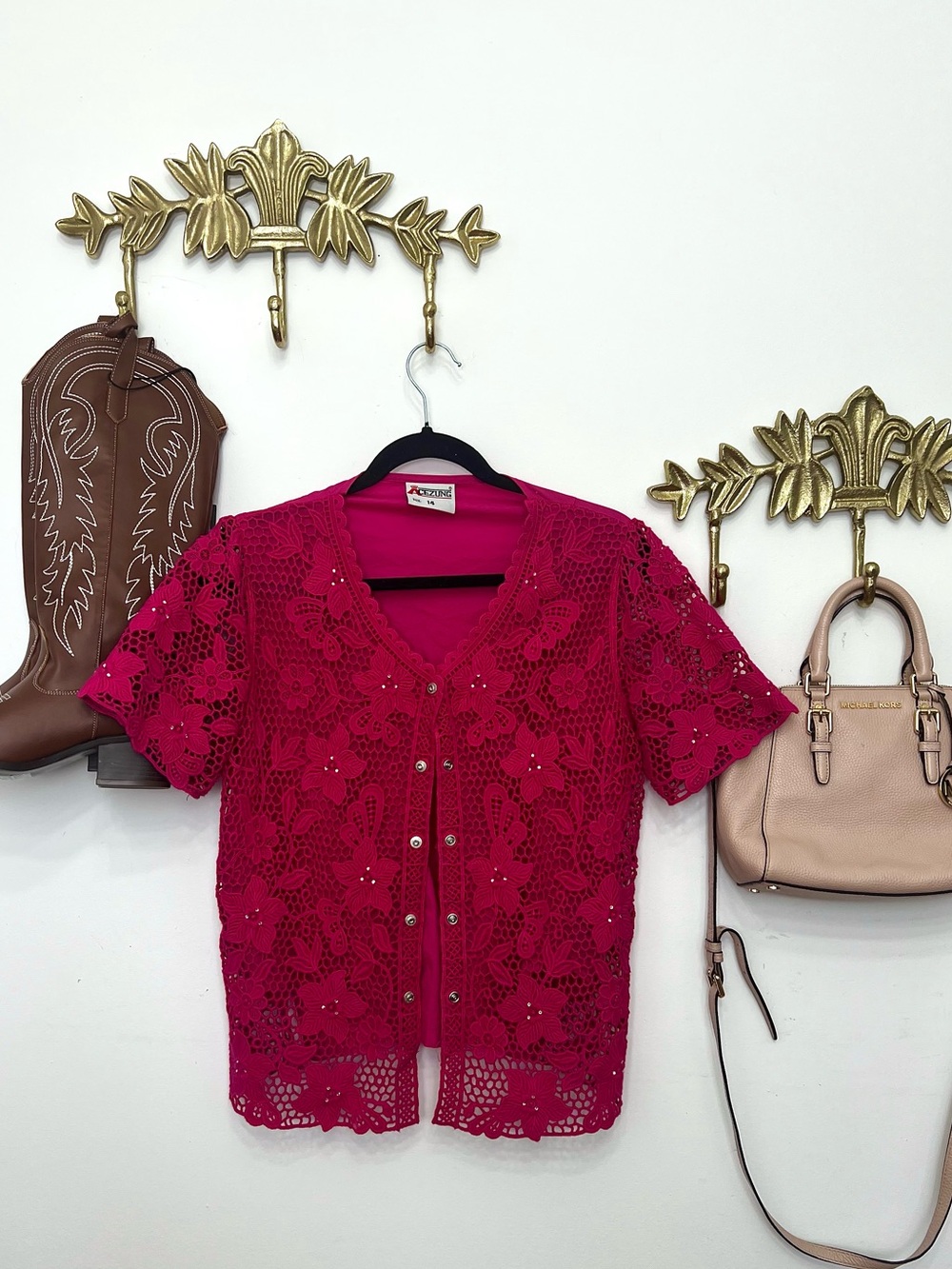 Dark carnation pink crochet front short sleeve cardigan M ptp 20” l 22”
